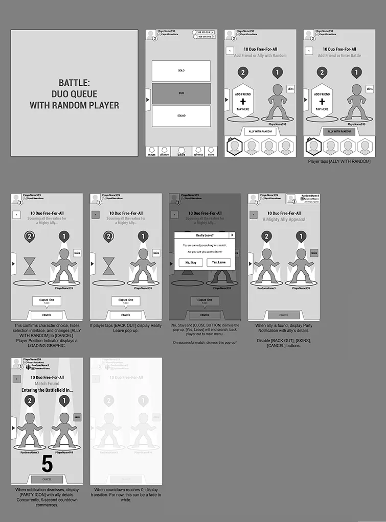 Duo match-making wireframes